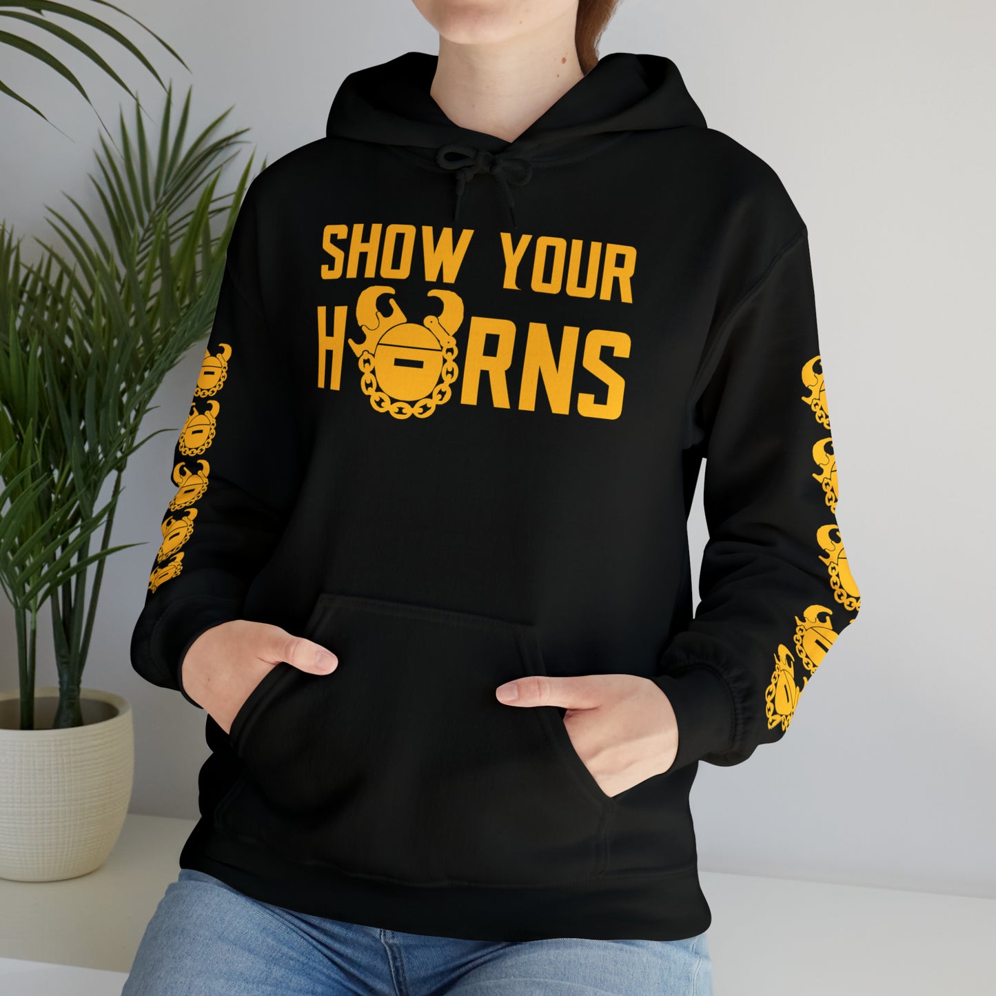 Unisex Heavy Blend™ Hooded Sweatshirt - Show Your Horns + Game Day Helmet (Sleeves)