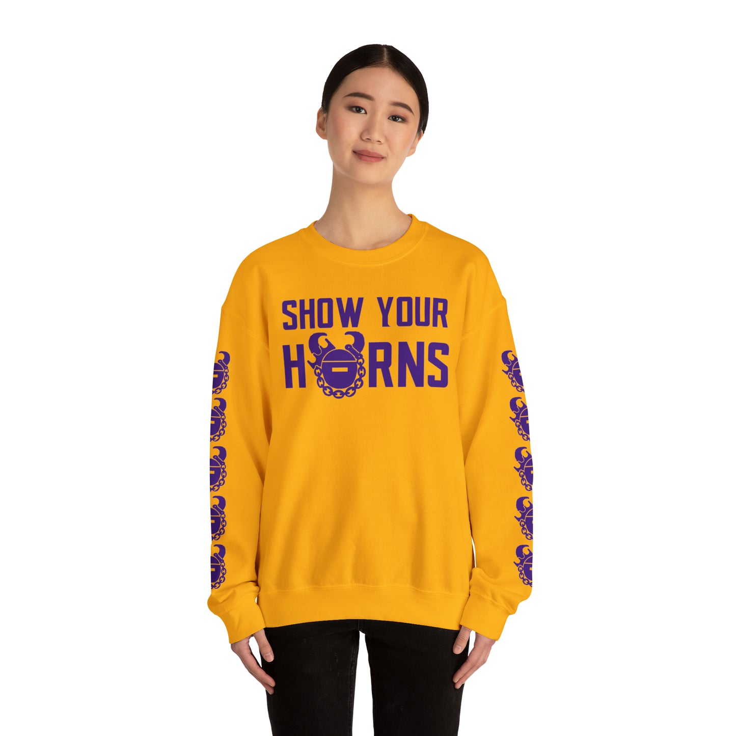 Unisex Heavy Blend™ Crewneck - Show Your Horns + Game Day Helmet (Sleeves)