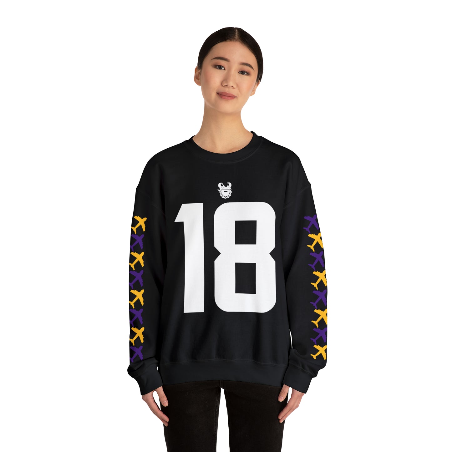 Unisex Heavy Blend™ Crewneck - Jersey #18 + Jet Planes (Sleeves)