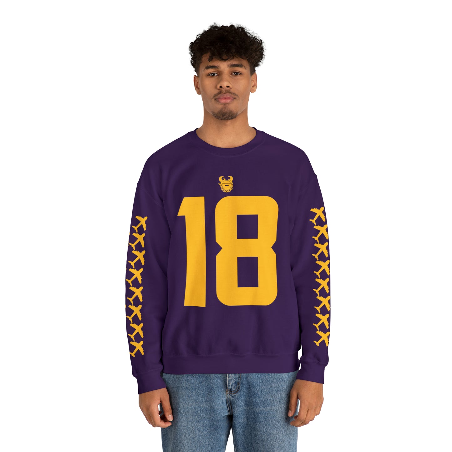 Unisex Heavy Blend™ Crewneck - Jersey #18 + Jet Planes (Sleeves)