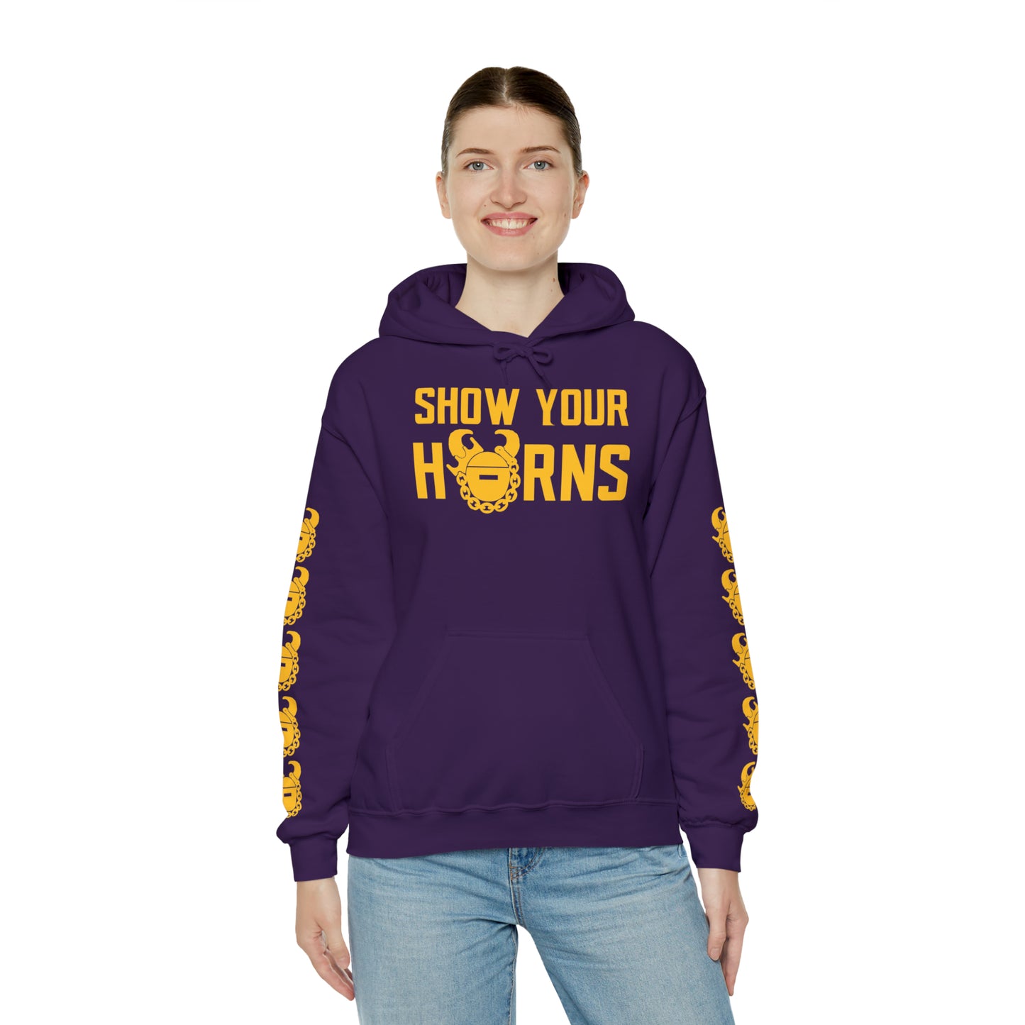 Unisex Heavy Blend™ Hooded Sweatshirt - Show Your Horns + Game Day Helmet (Sleeves)