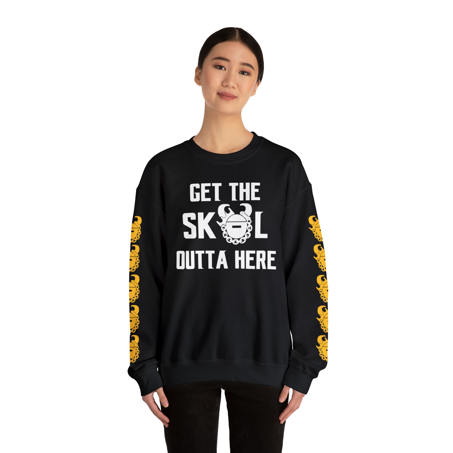 Unisex Heavy Blend™ Crewneck - Get OUTTA Here + Game Day Helmet (Sleeves)