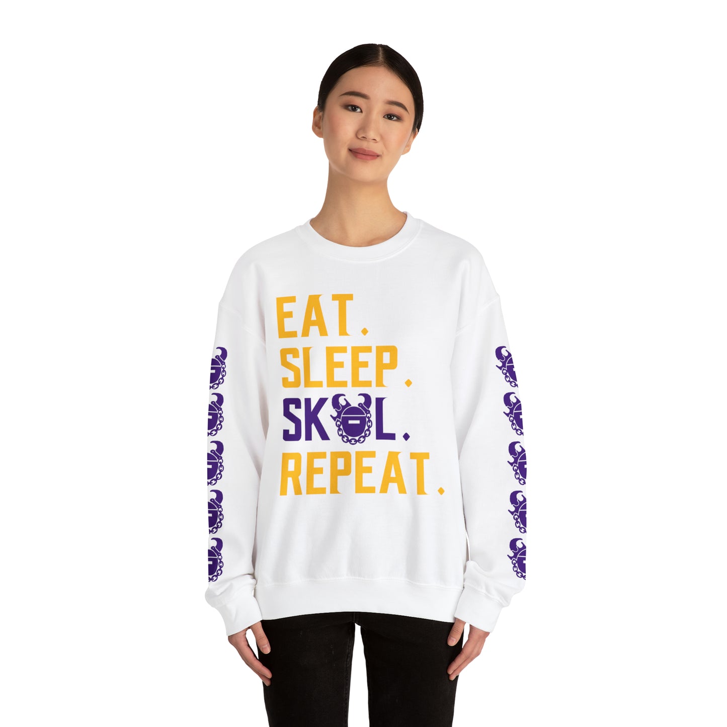 Unisex Heavy Blend™ Crewneck - Eat. Sleep. Repeat. + Game Day Helmet (Sleeves)