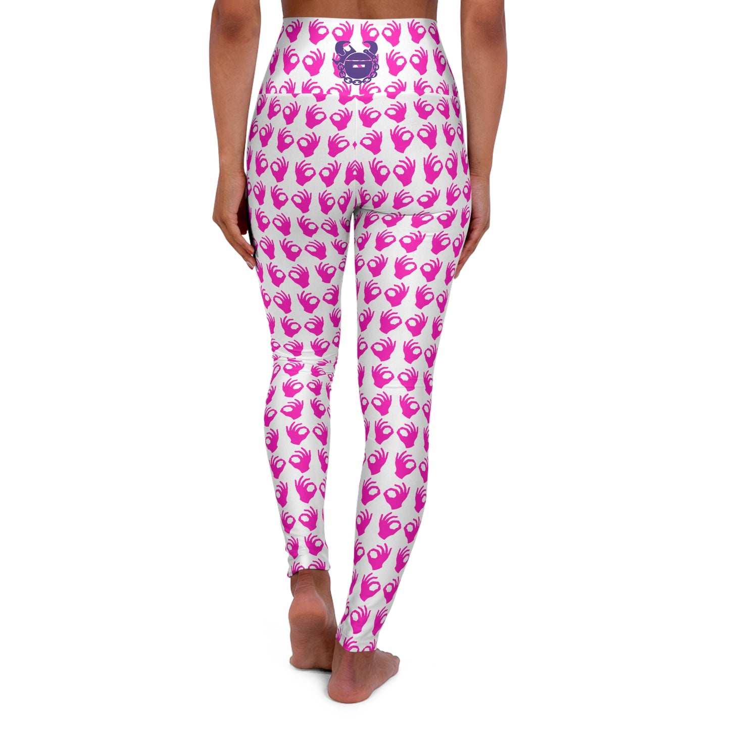 High Waisted Yoga Leggings - White/Pink Griddy