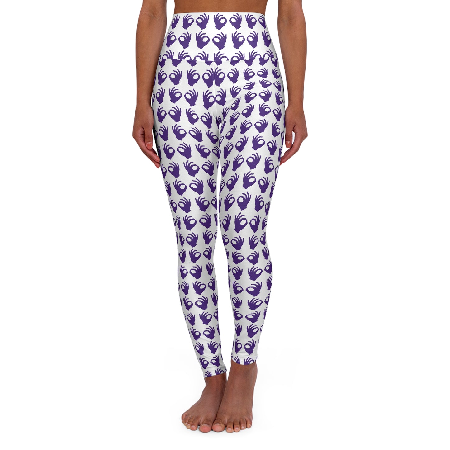 High Waisted Yoga Leggings - White/Purple Griddy