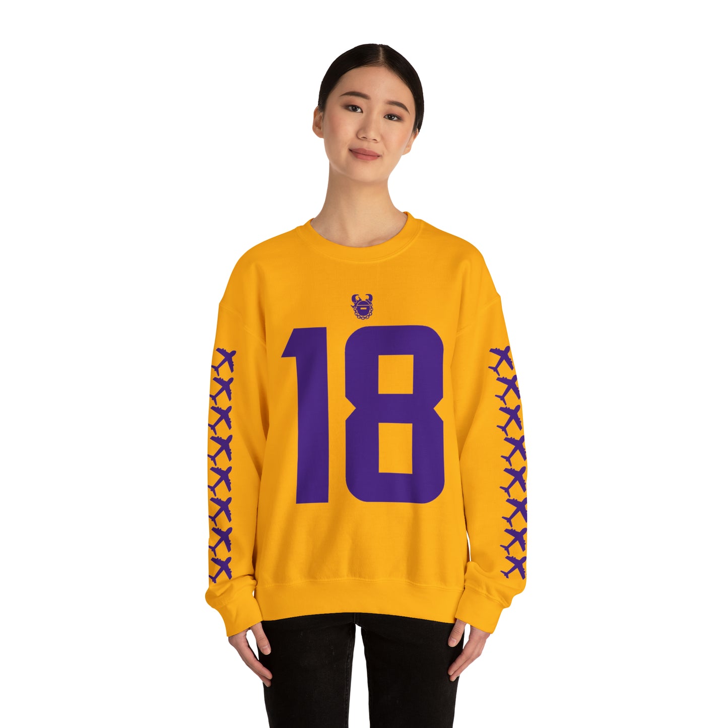 Unisex Heavy Blend™ Crewneck - Jersey #18 + Jet Planes (Sleeves)