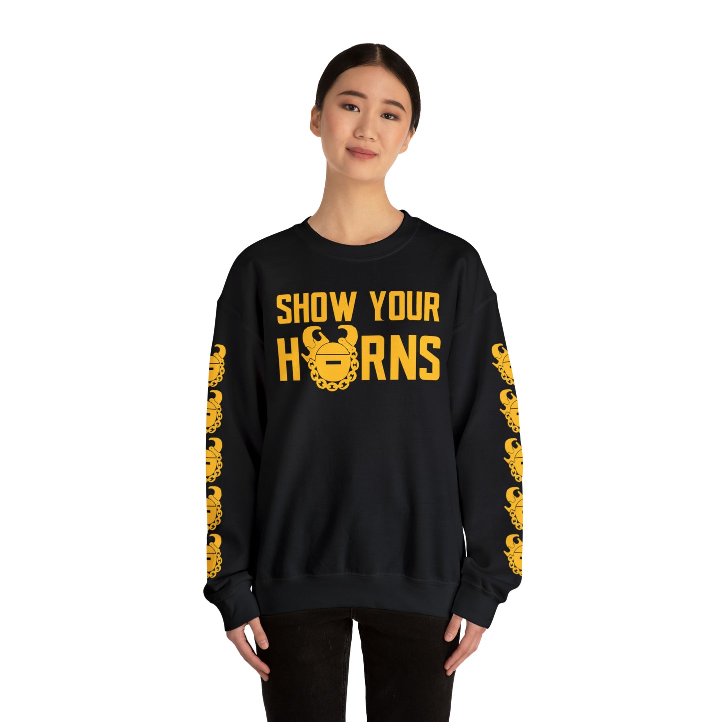 Unisex Heavy Blend™ Crewneck - Show Your Horns + Game Day Helmet (Sleeves)