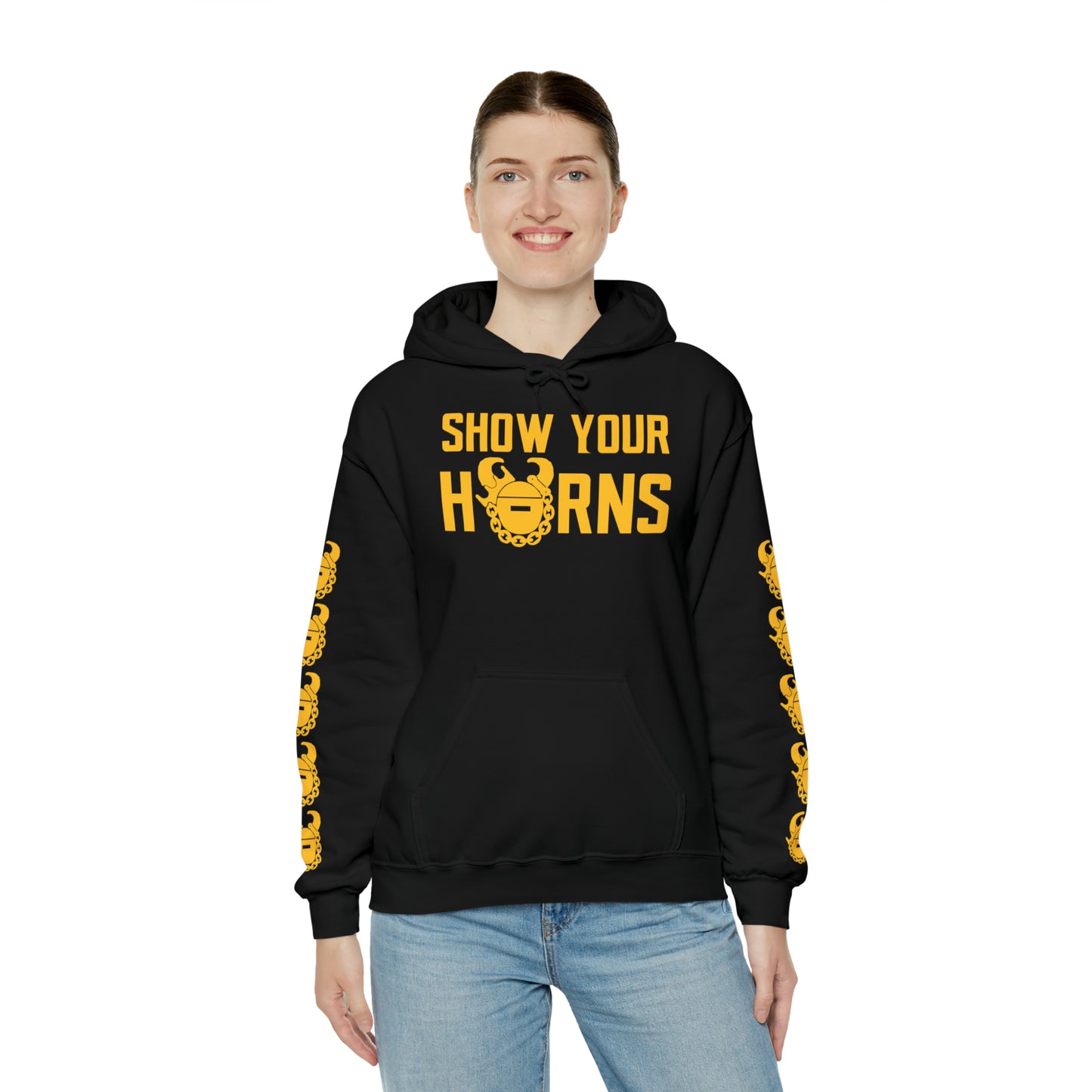 Unisex Heavy Blend™ Hooded Sweatshirt - Show Your Horns + Game Day Helmet (Sleeves)