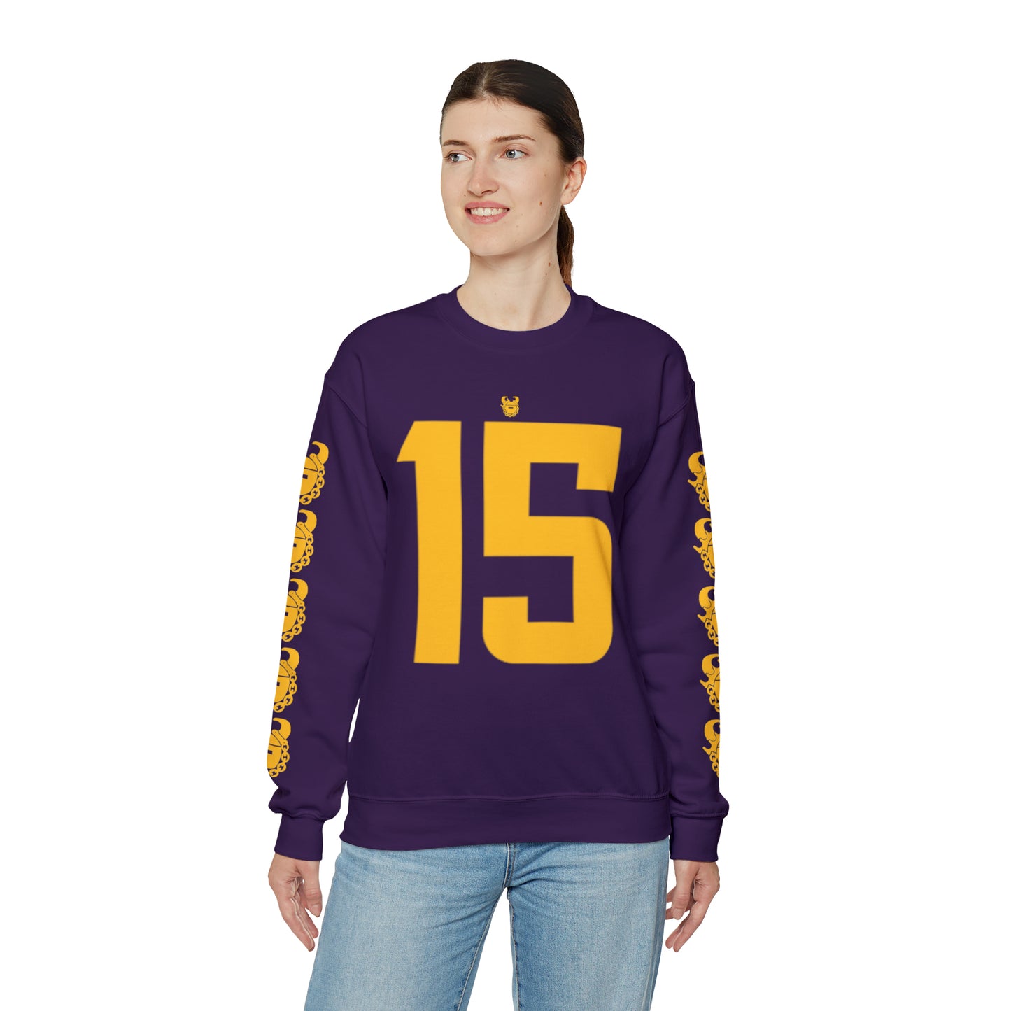Unisex Heavy Blend™ Crewneck - Jersey #15 + Game Day Helmet (Sleeves)