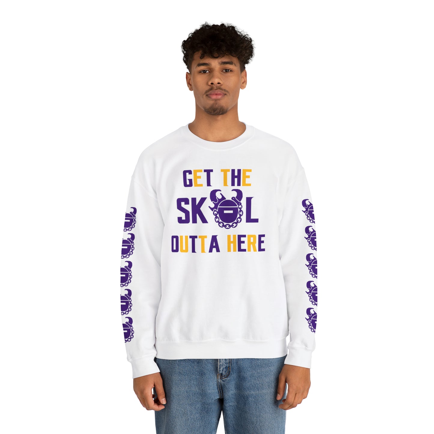 Unisex Heavy Blend™ Crewneck - Get OUTTA Here + Game Day Helmet (Sleeves)