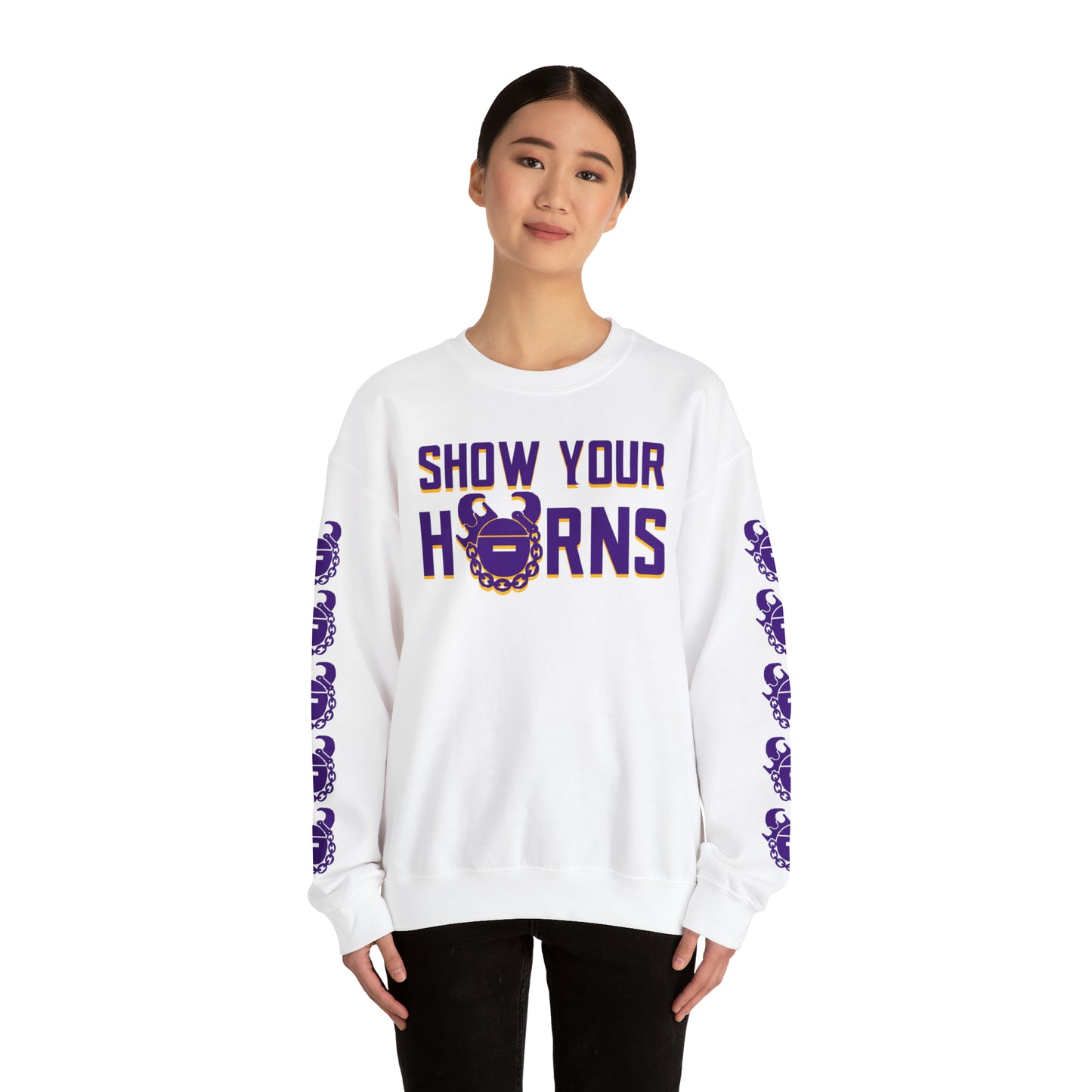 Unisex Heavy Blend™ Crewneck - Show Your Horns + Game Day Helmet (Sleeves)