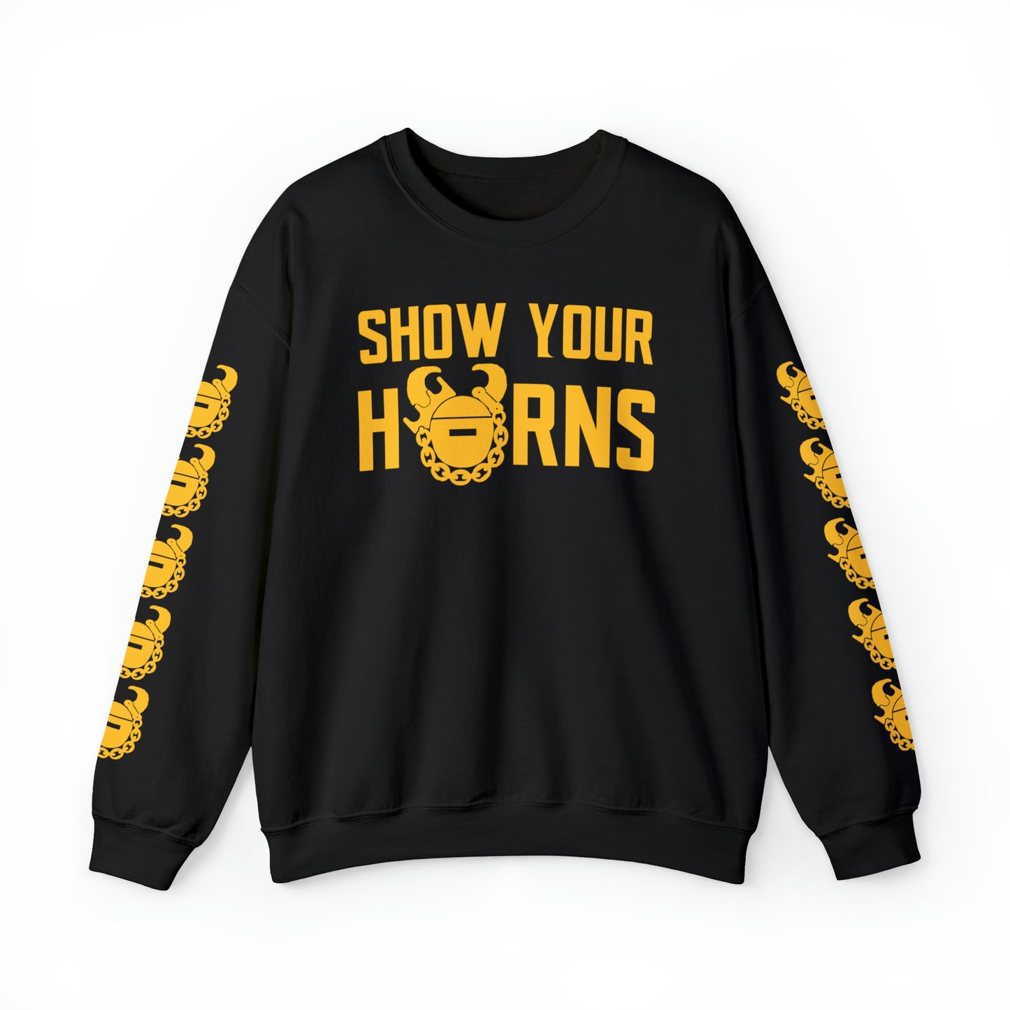 Unisex Heavy Blend™ Crewneck - Show Your Horns + Game Day Helmet (Sleeves)