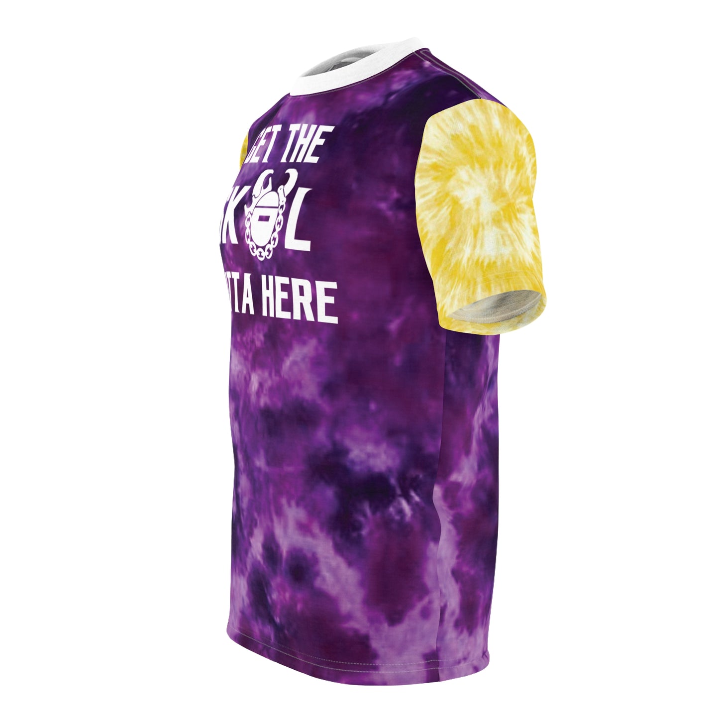 Unisex Cut & Sew Tee - Purple/Gold Tie-Dye - Get OUTTA Here