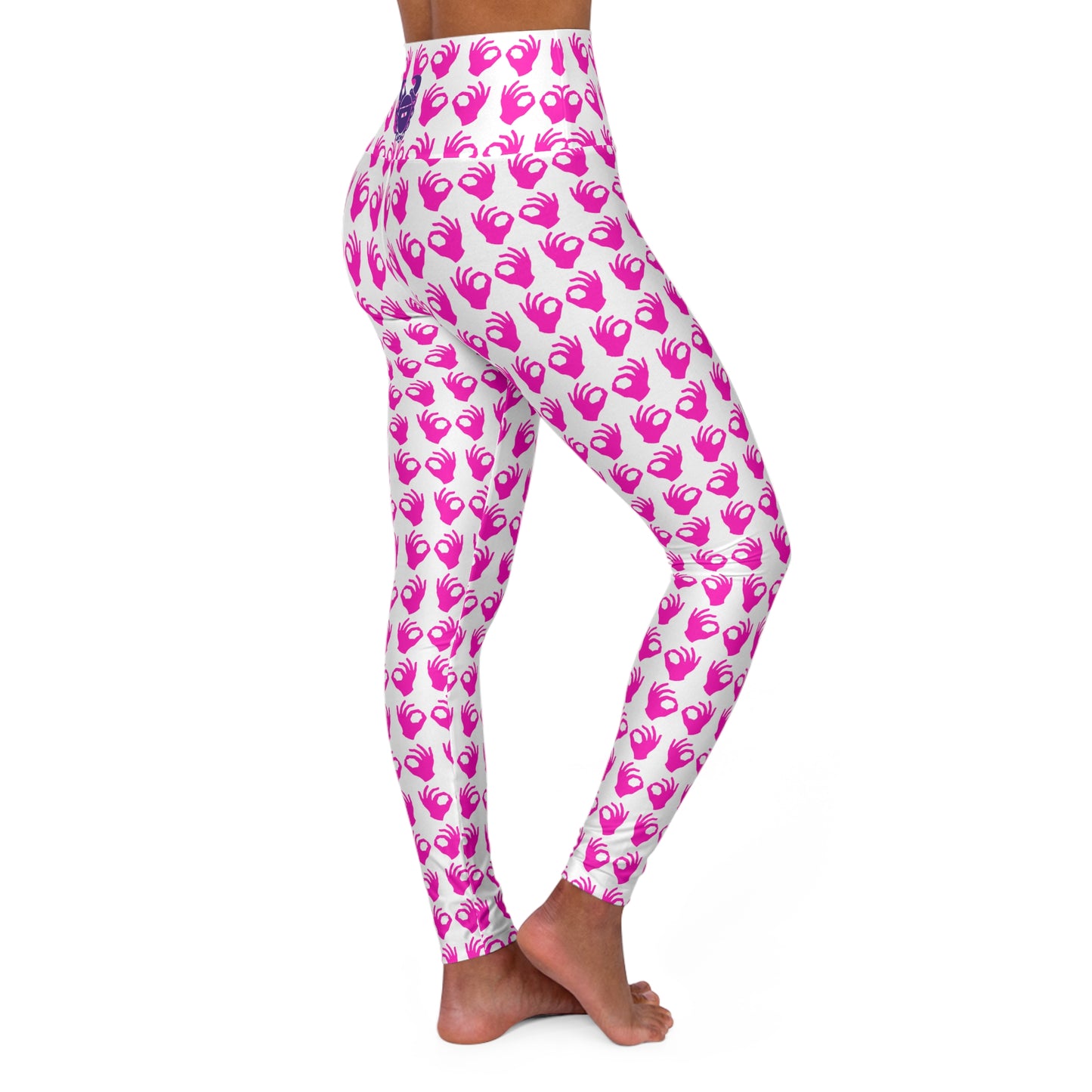 High Waisted Yoga Leggings - White/Pink Griddy
