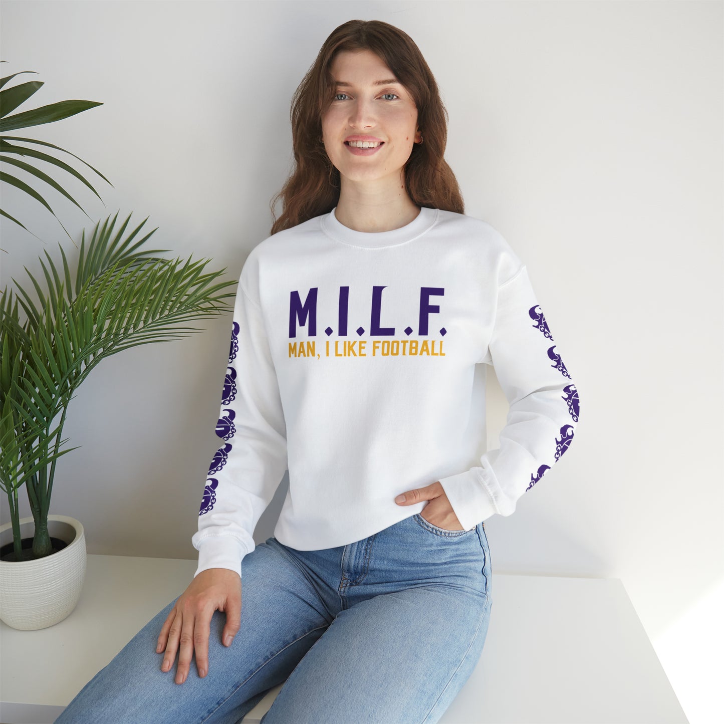 Unisex Heavy Blend™ Crewneck - M.I.L.F + Game Day Helmet (Sleeves)