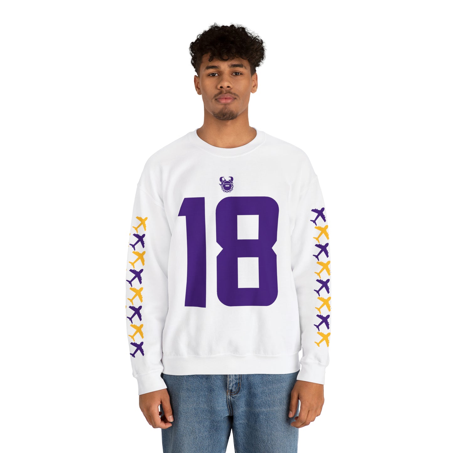 Unisex Heavy Blend™ Crewneck - Jersey #18 + Jet Planes (Sleeves)