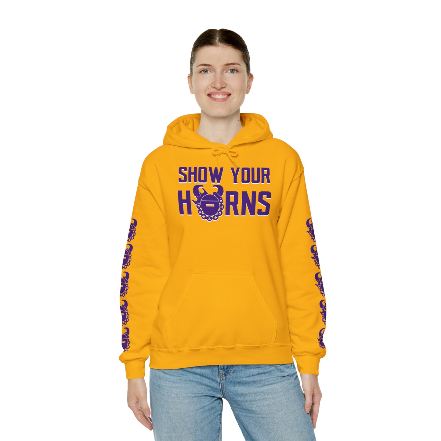 Unisex Heavy Blend™ Hooded Sweatshirt - Show Your Horns + Game Day Helmet (Sleeves)