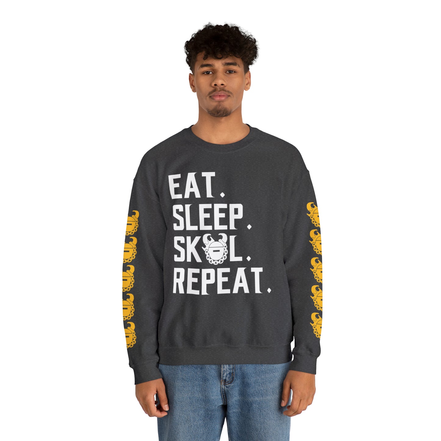 Unisex Heavy Blend™ Crewneck - Eat. Sleep. Repeat. + Game Day Helmet (Sleeves)