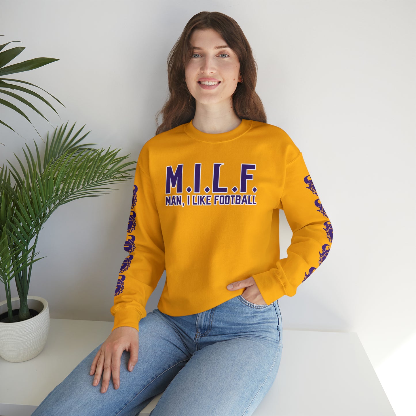 Unisex Heavy Blend™ Crewneck - M.I.L.F + Game Day Helmet (Sleeves)