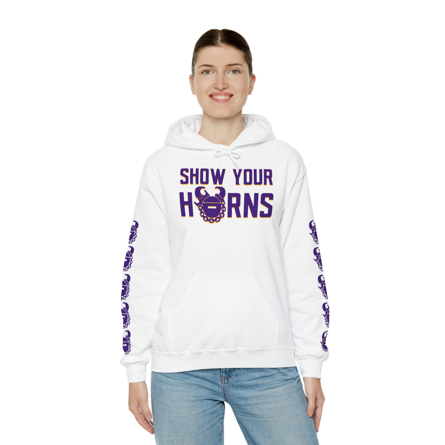 Unisex Heavy Blend™ Hooded Sweatshirt - Show Your Horns + Game Day Helmet (Sleeves)