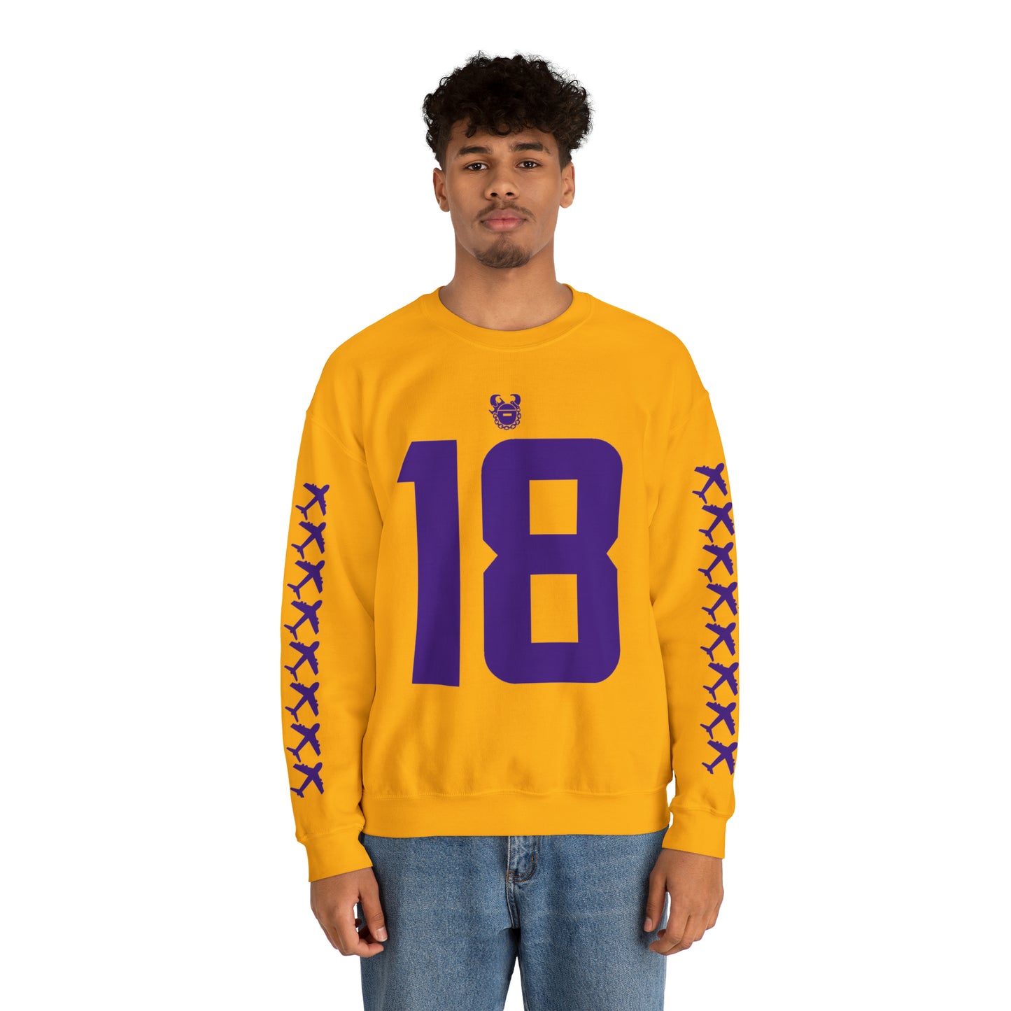 Unisex Heavy Blend™ Crewneck - Jersey #18 + Jet Planes (Sleeves)