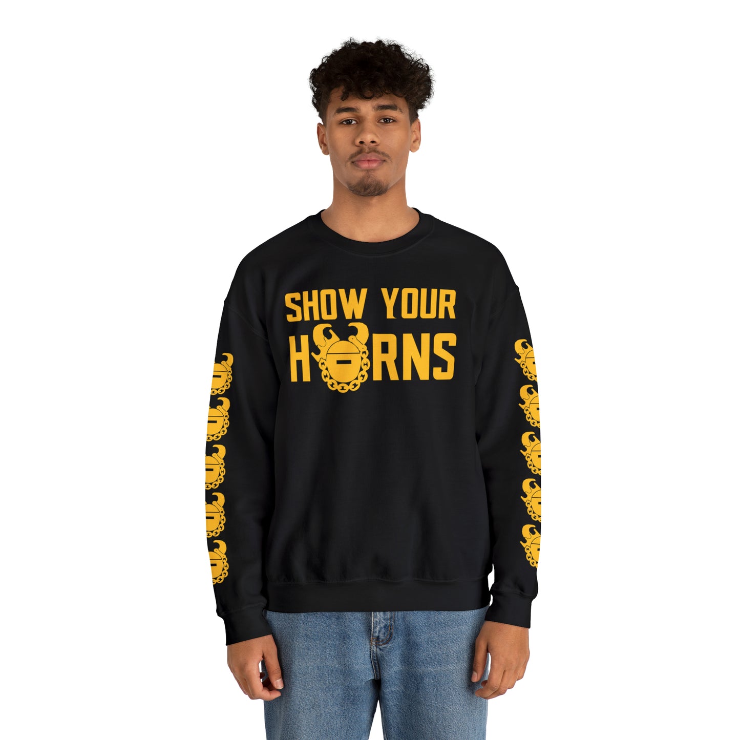 Unisex Heavy Blend™ Crewneck - Show Your Horns + Game Day Helmet (Sleeves)