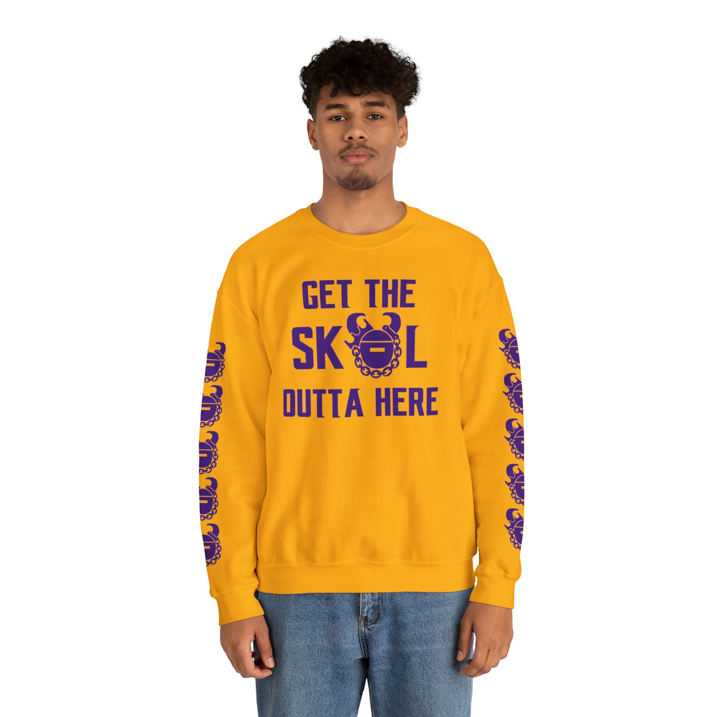 Unisex Heavy Blend™ Crewneck - Get OUTTA Here + Game Day Helmet (Sleeves)