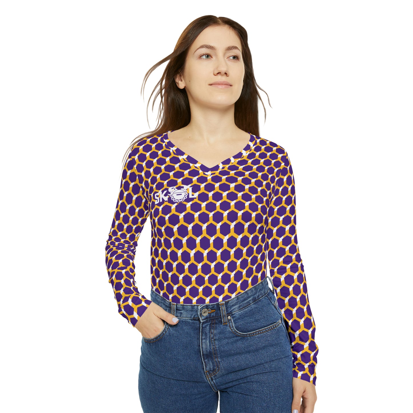 Women's Long Sleeve V-neck Shirt - Purple/Gold Hex