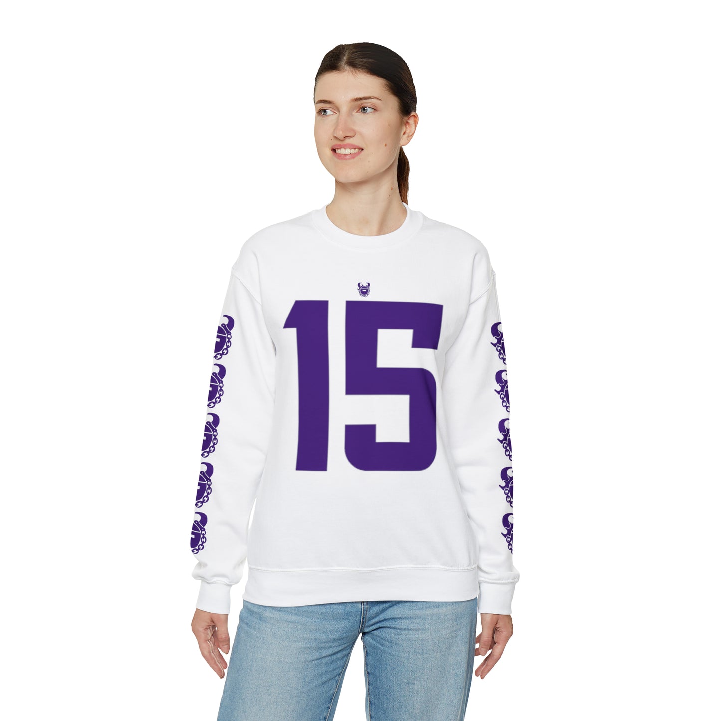 Unisex Heavy Blend™ Crewneck - Jersey #15 + Game Day Helmet (Sleeves)