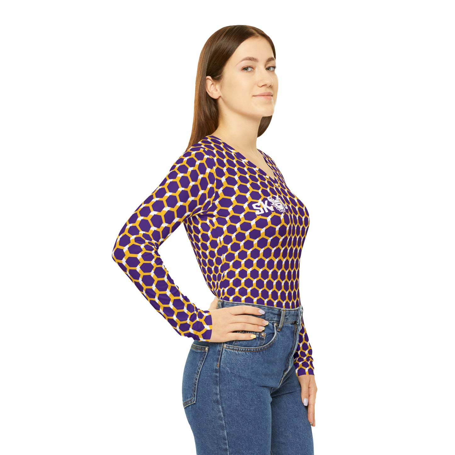 Women's Long Sleeve V-neck Shirt - Purple/Gold Hex