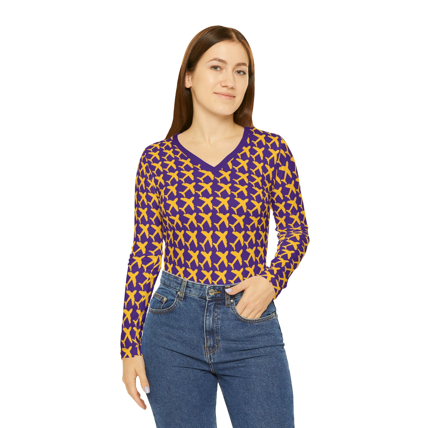 Women's Long Sleeve V-neck Shirt - Jet Planes - Jersey #18