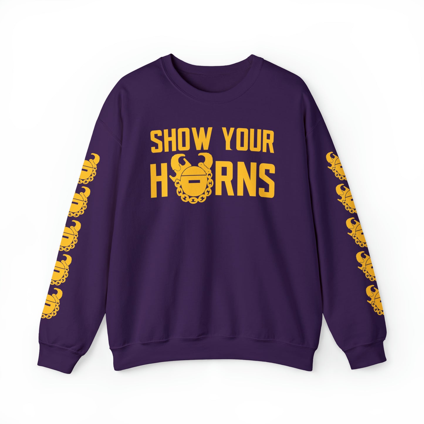 Unisex Heavy Blend™ Crewneck - Show Your Horns + Game Day Helmet (Sleeves)