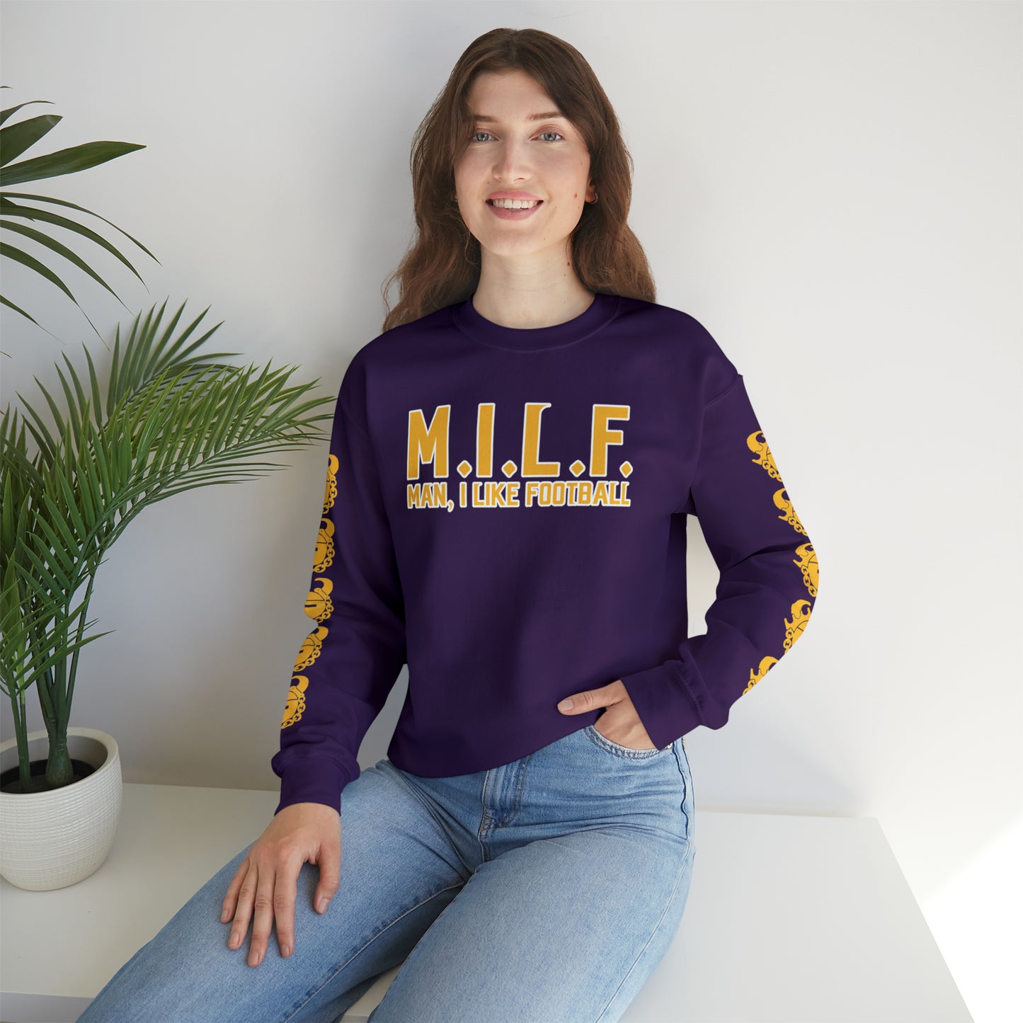 Unisex Heavy Blend™ Crewneck - M.I.L.F + Game Day Helmet (Sleeves)