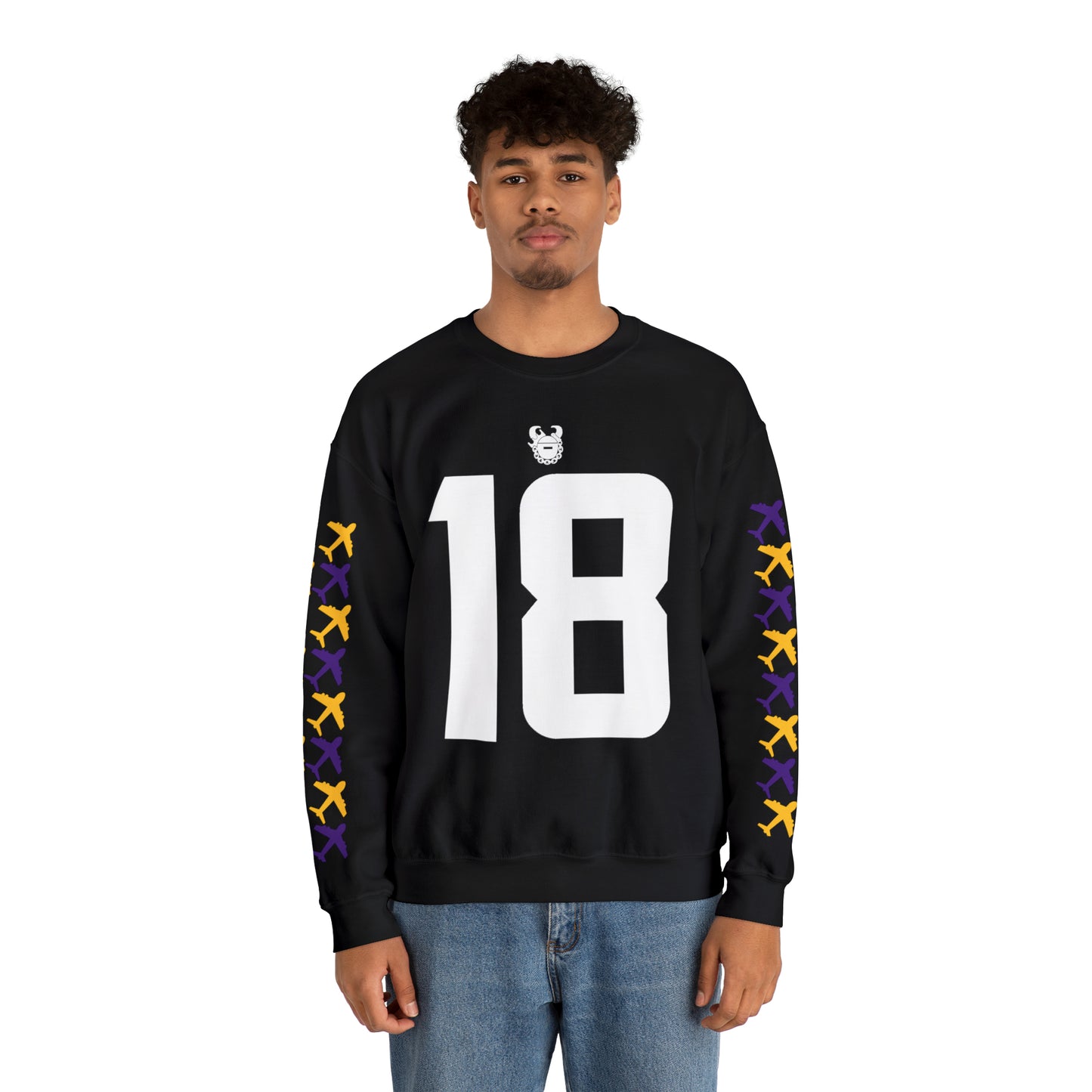 Unisex Heavy Blend™ Crewneck - Jersey #18 + Jet Planes (Sleeves)