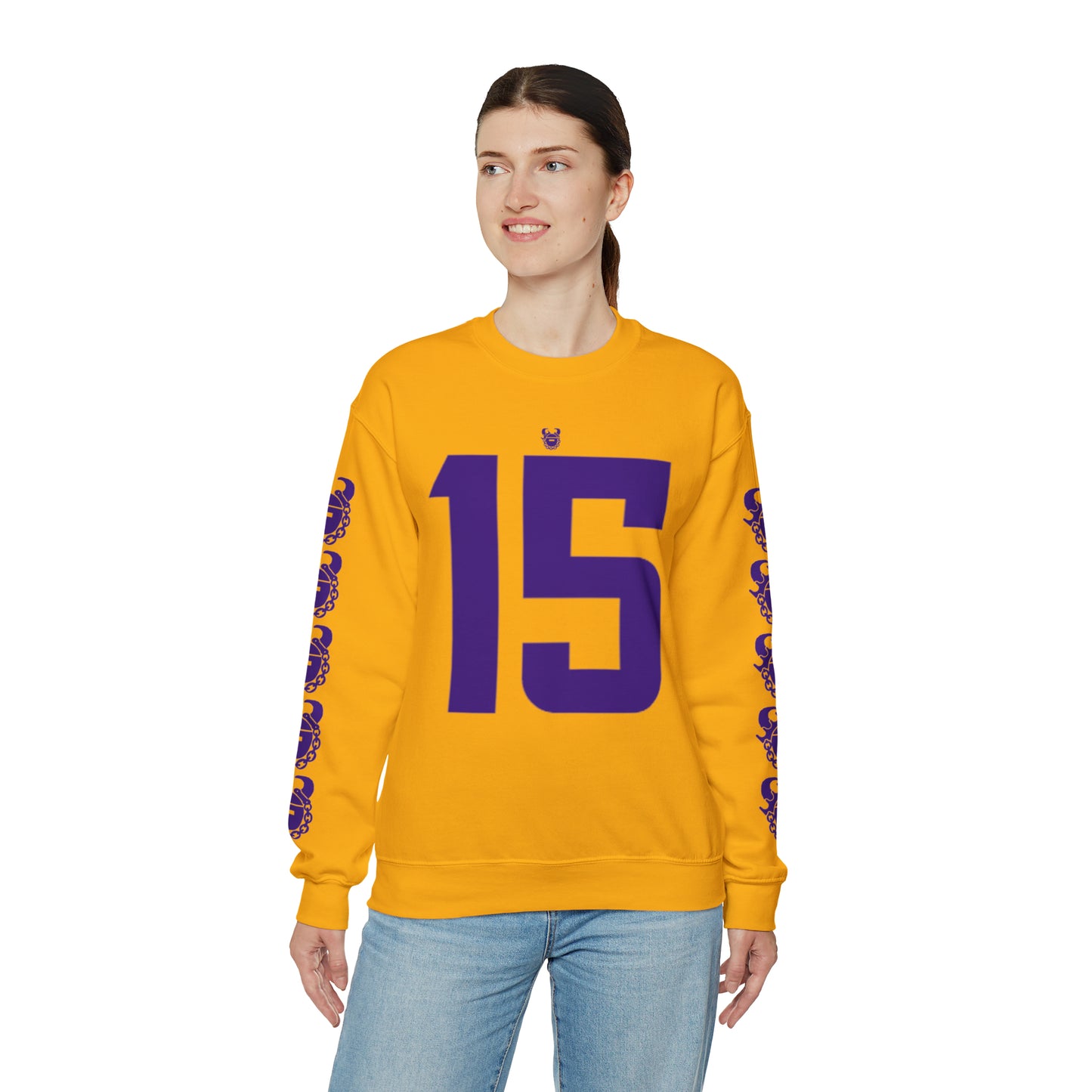 Unisex Heavy Blend™ Crewneck - Jersey #15 + Game Day Helmet (Sleeves)