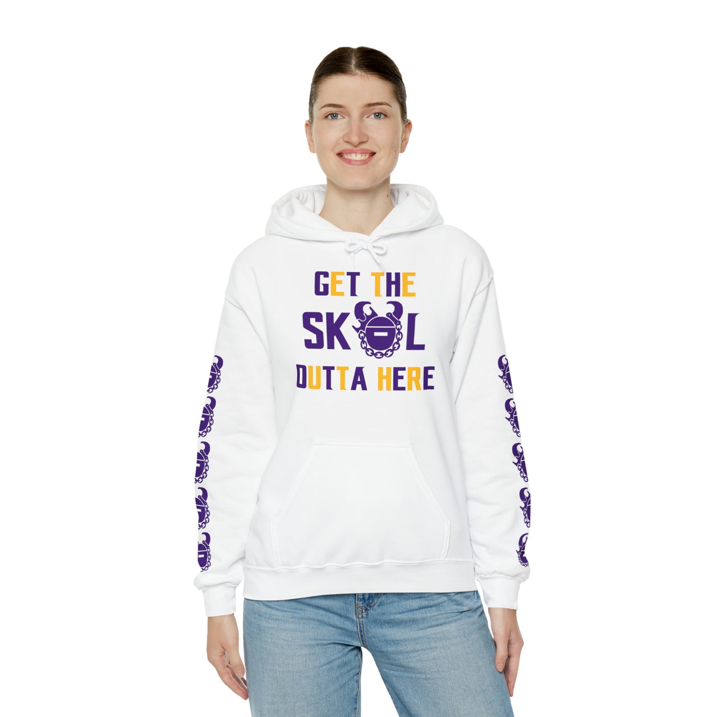 Unisex Heavy Blend™ Hooded Sweatshirt - Get OUTTA Here + Game Day Helmet (Sleeves)