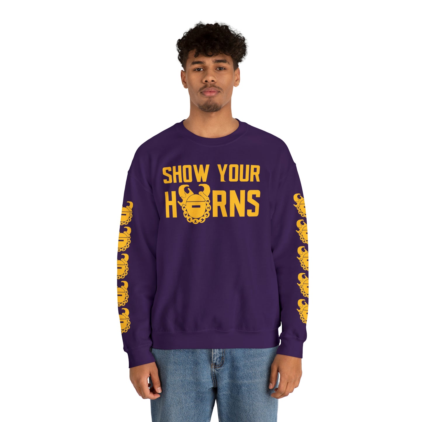 Unisex Heavy Blend™ Crewneck - Show Your Horns + Game Day Helmet (Sleeves)
