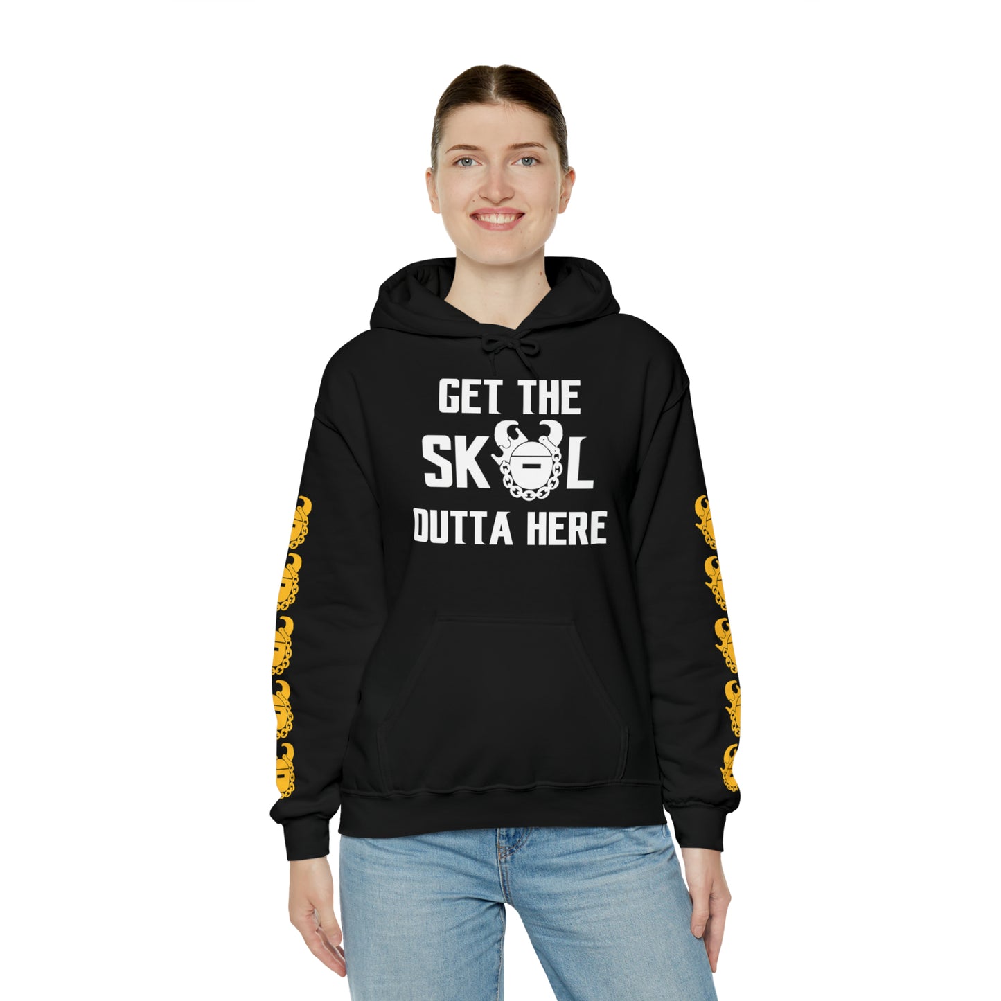 Unisex Heavy Blend™ Hooded Sweatshirt - Get OUTTA Here + Game Day Helmet (Sleeves)