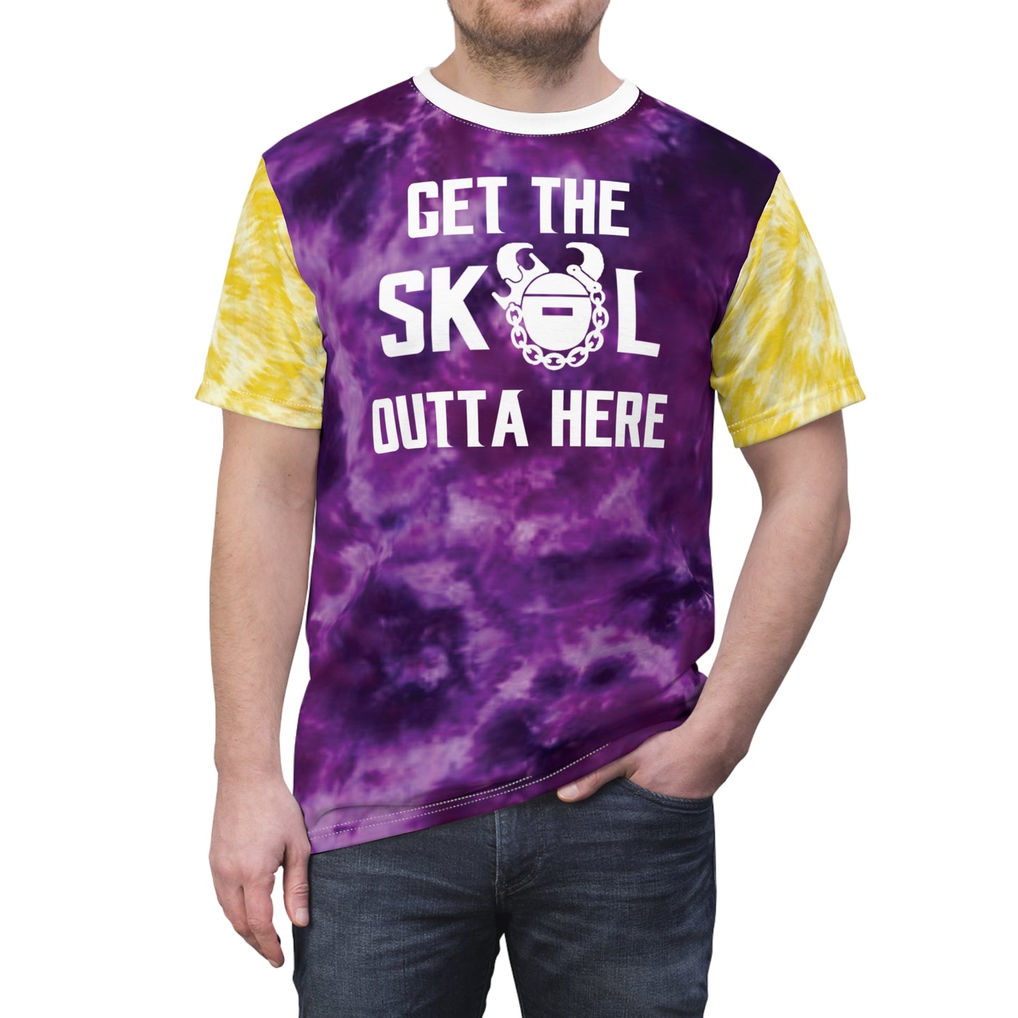 Unisex Cut & Sew Tee - Purple/Gold Tie-Dye - Get OUTTA Here