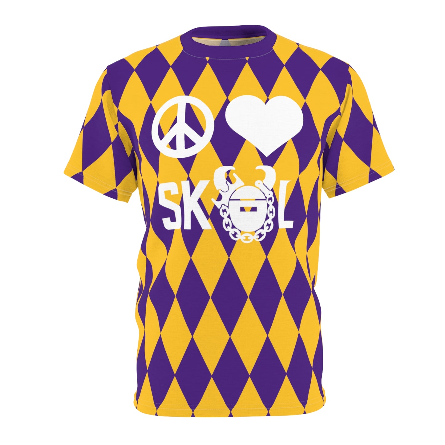 Unisex Cut & Sew Tee - Purple/Gold Diamonds - Peace & Love