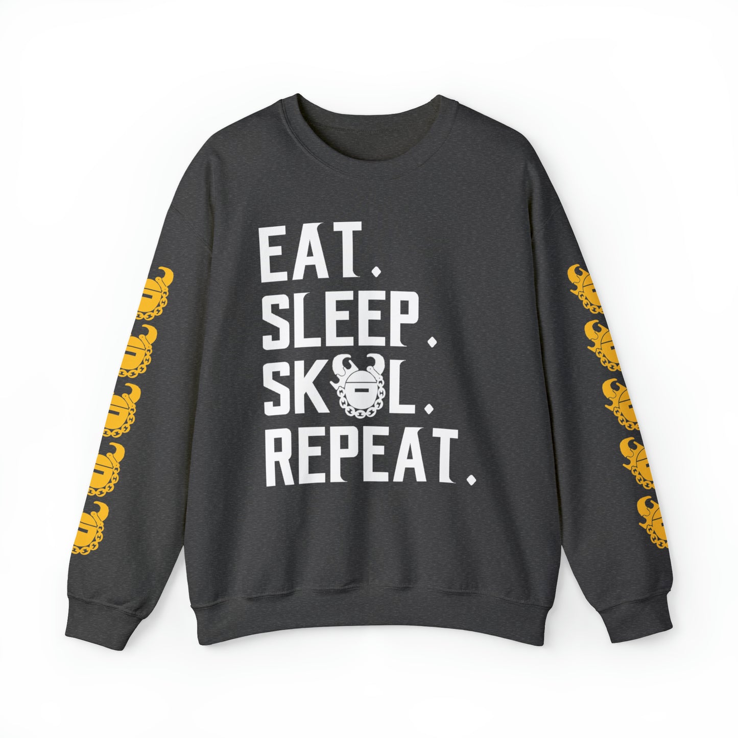 Unisex Heavy Blend™ Crewneck - Eat. Sleep. Repeat. + Game Day Helmet (Sleeves)