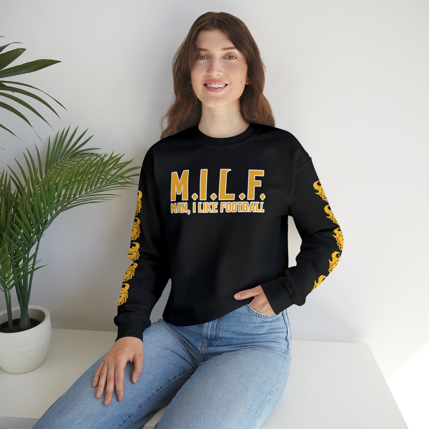 Unisex Heavy Blend™ Crewneck - M.I.L.F + Game Day Helmet (Sleeves)