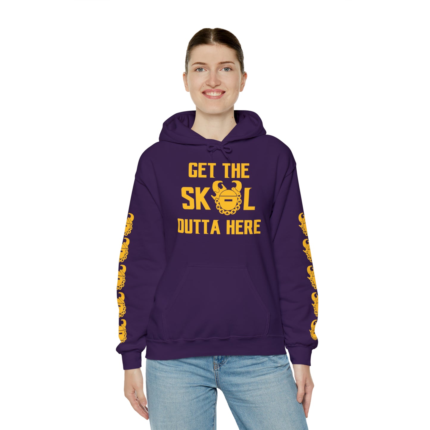 Unisex Heavy Blend™ Hooded Sweatshirt - Get OUTTA Here + Game Day Helmet (Sleeves)
