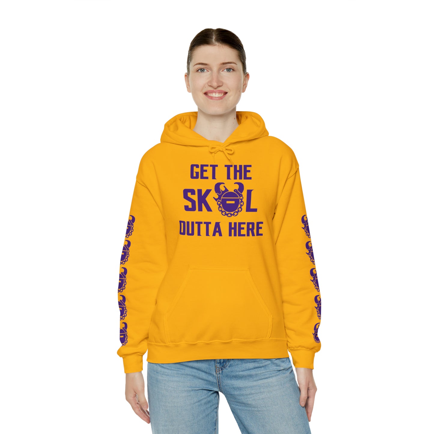 Unisex Heavy Blend™ Hooded Sweatshirt - Get OUTTA Here + Game Day Helmet (Sleeves)
