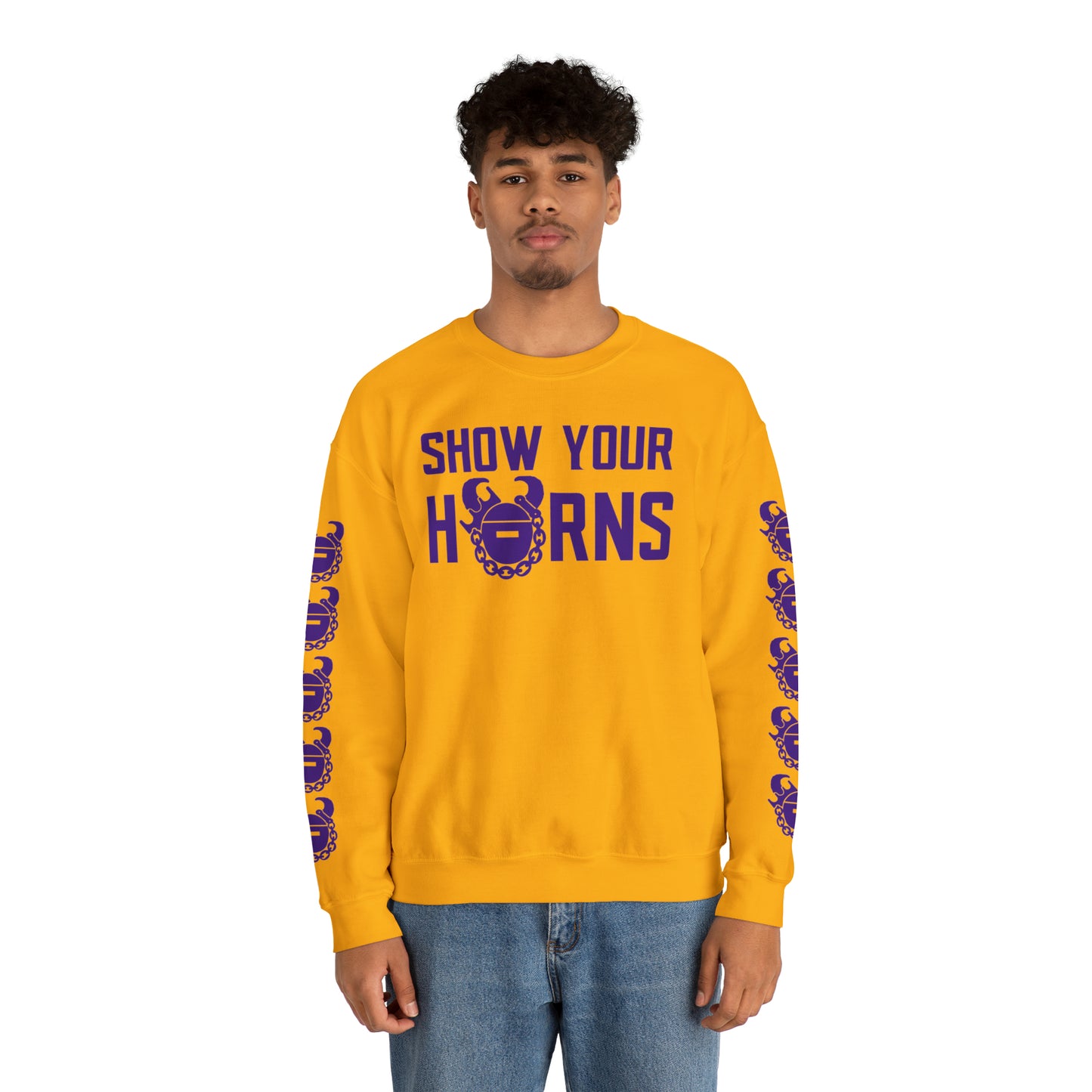 Unisex Heavy Blend™ Crewneck - Show Your Horns + Game Day Helmet (Sleeves)