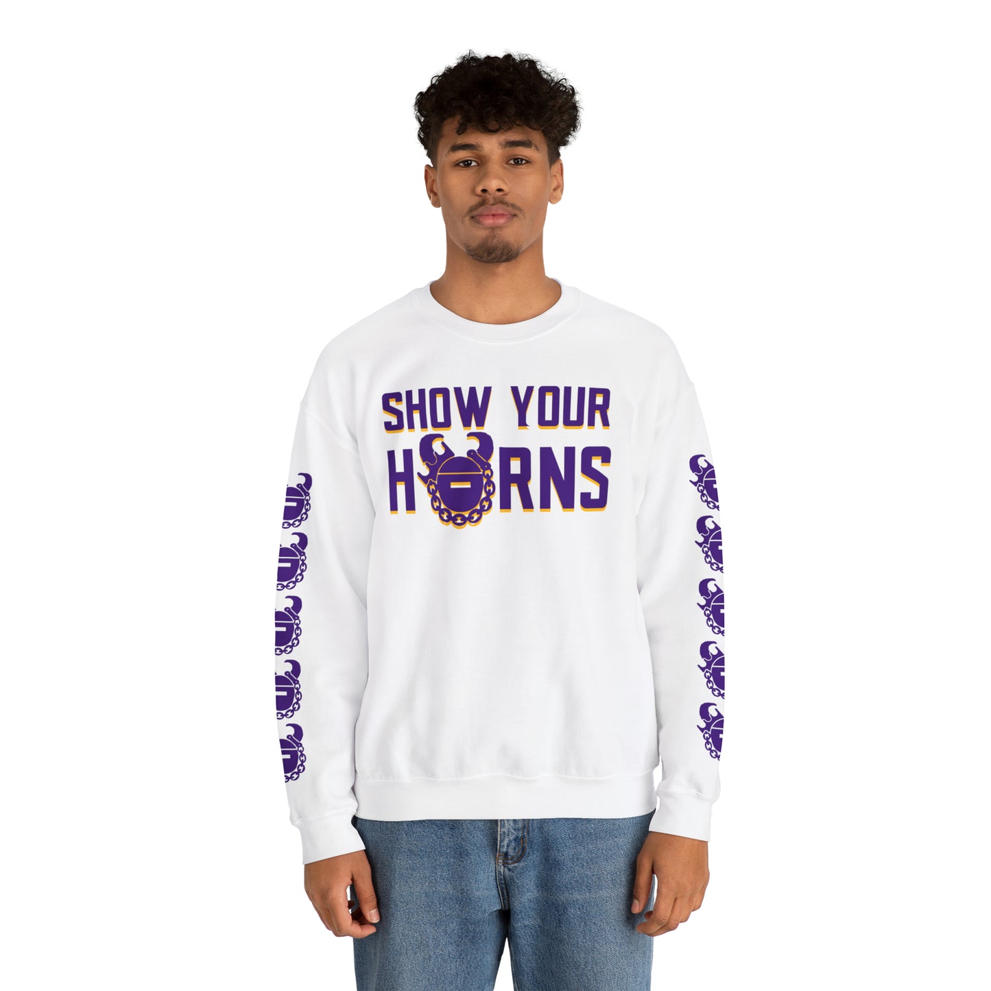 Unisex Heavy Blend™ Crewneck - Show Your Horns + Game Day Helmet (Sleeves)