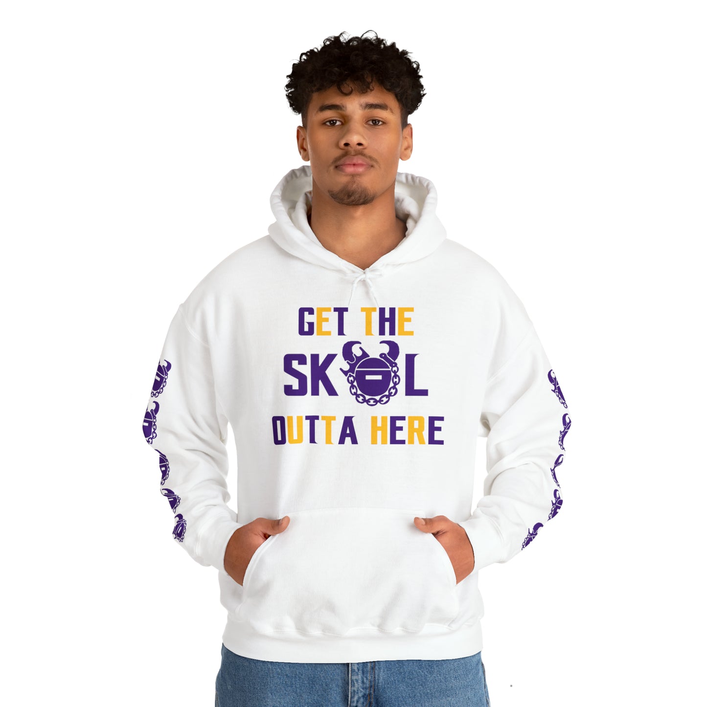 Unisex Heavy Blend™ Hooded Sweatshirt - Get OUTTA Here + Game Day Helmet (Sleeves)