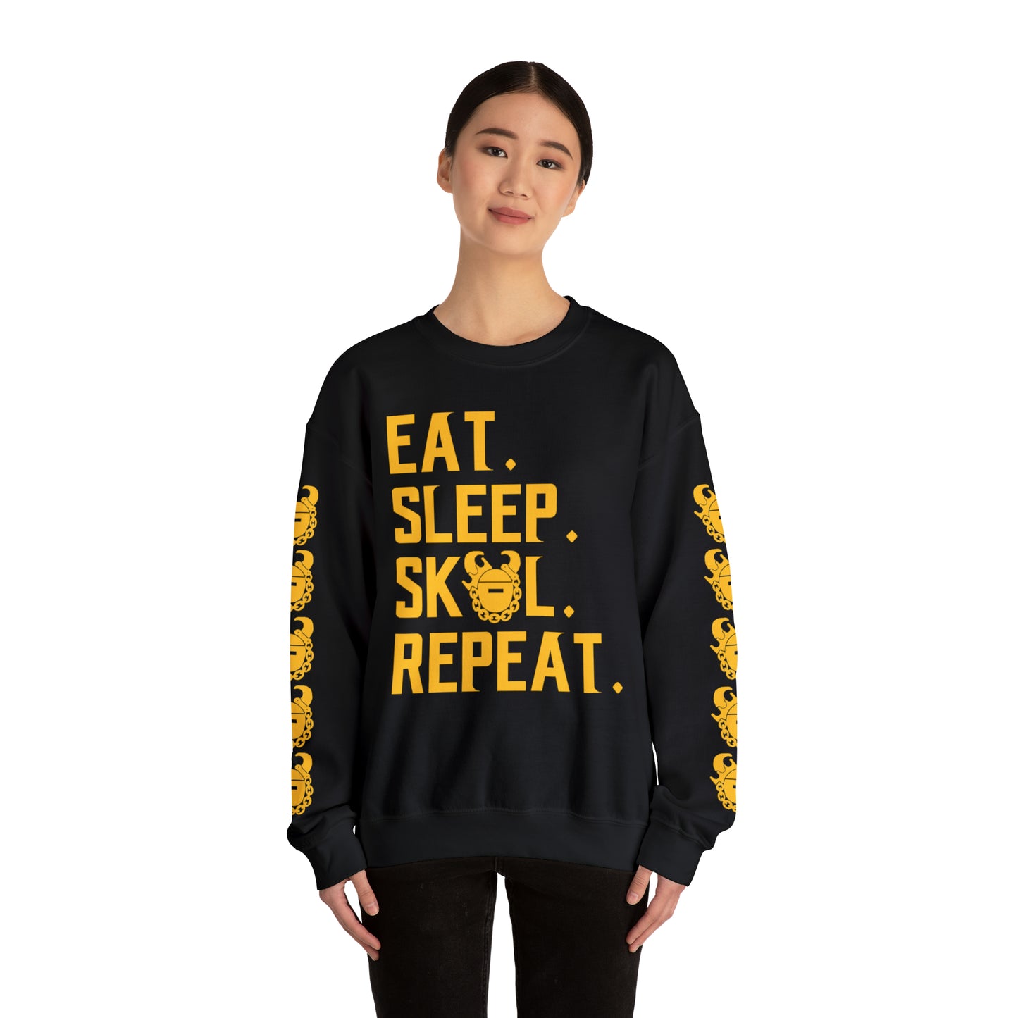 Unisex Heavy Blend™ Crewneck - Eat. Sleep. Repeat. + Game Day Helmet (Sleeves)