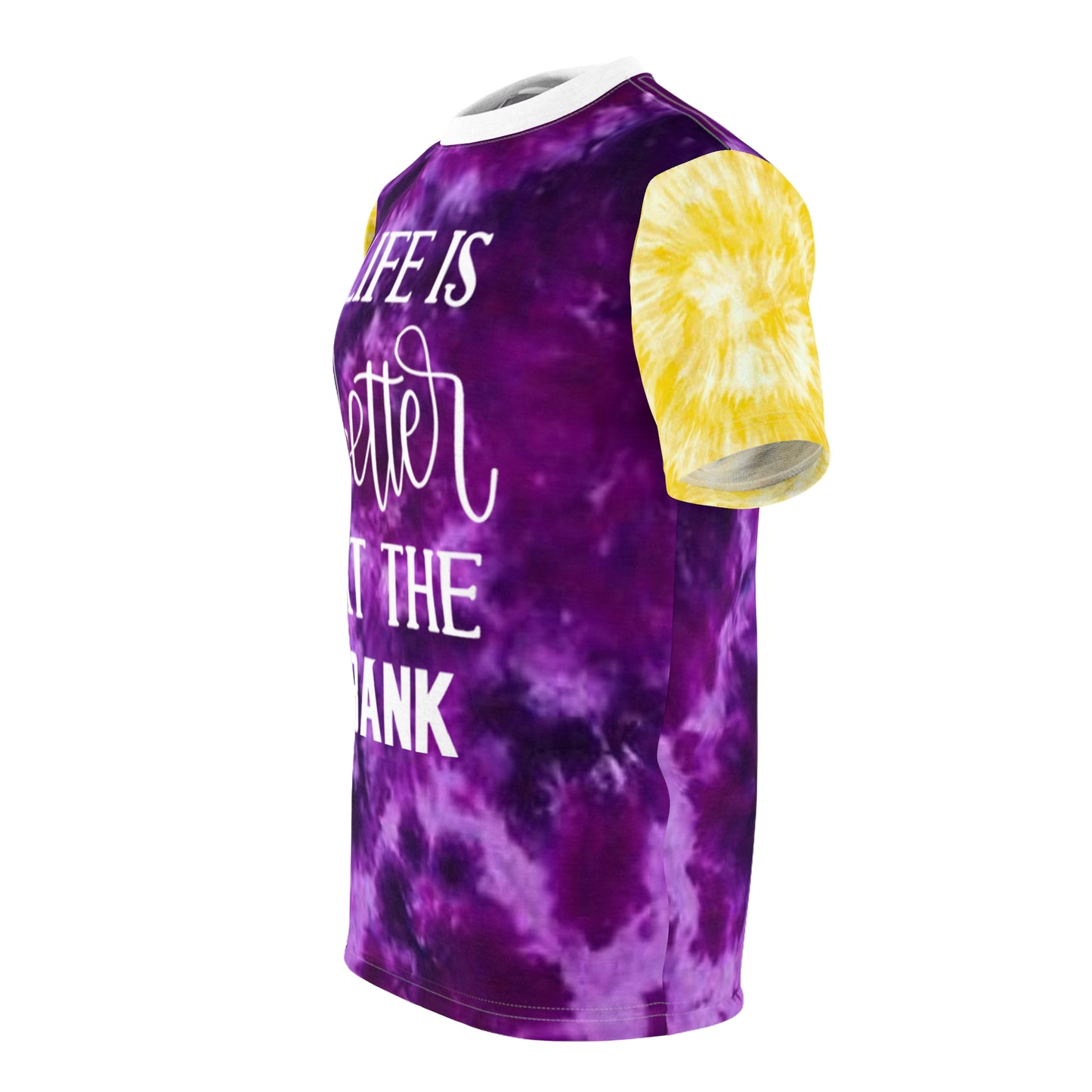 Unisex Cut & Sew Tee - Purple/Gold Tie-Dye - Life is Better at the BANK