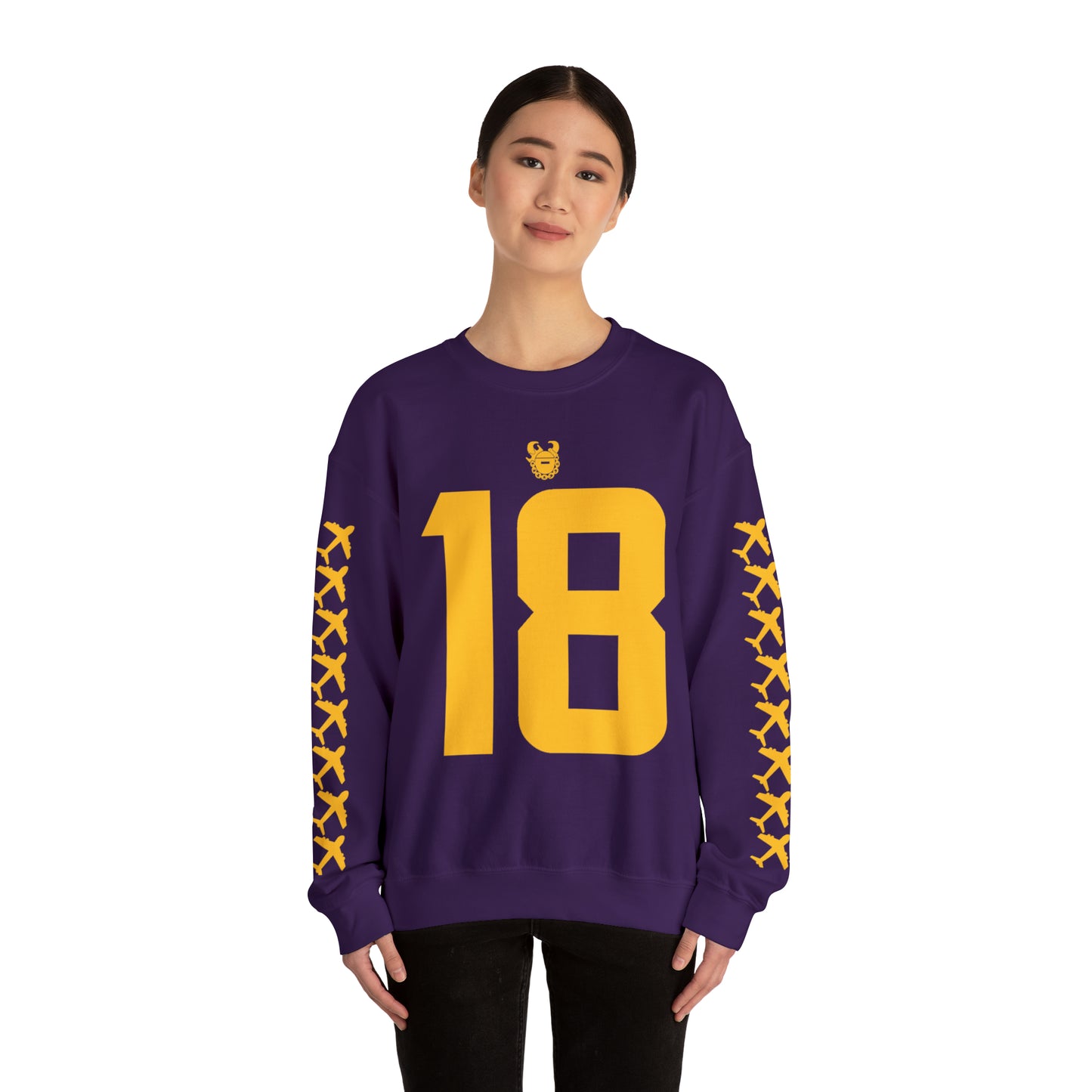 Unisex Heavy Blend™ Crewneck - Jersey #18 + Jet Planes (Sleeves)